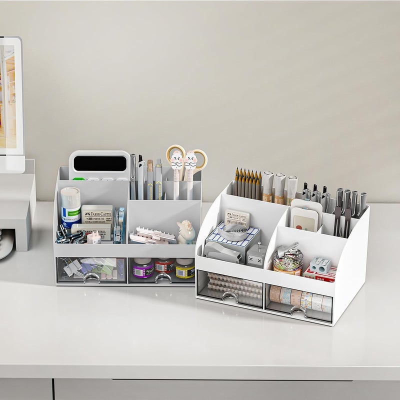 COMFYROOM Desk Organizer with 6 Compartments and 2 Drawers, Plastic Makeup Organizer, Pen Holder for Desktop Storage, Desk Organization for School, Home, Office Supplies (Grey) - Image 5